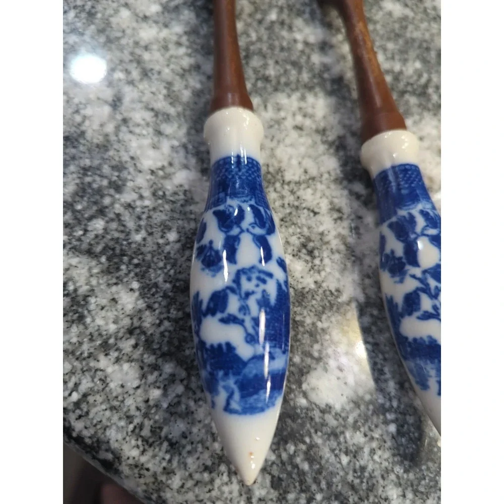 Vintage Delft Blue Ceramic & Wood Salad Set